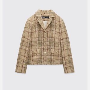 Zara Fitted Cropped Textured Blazer Tweed Gold